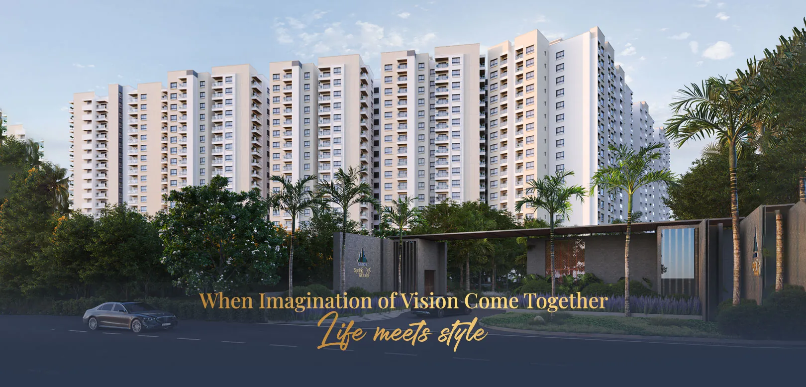 Mythri Springwoods towers seen from the landscaped approach