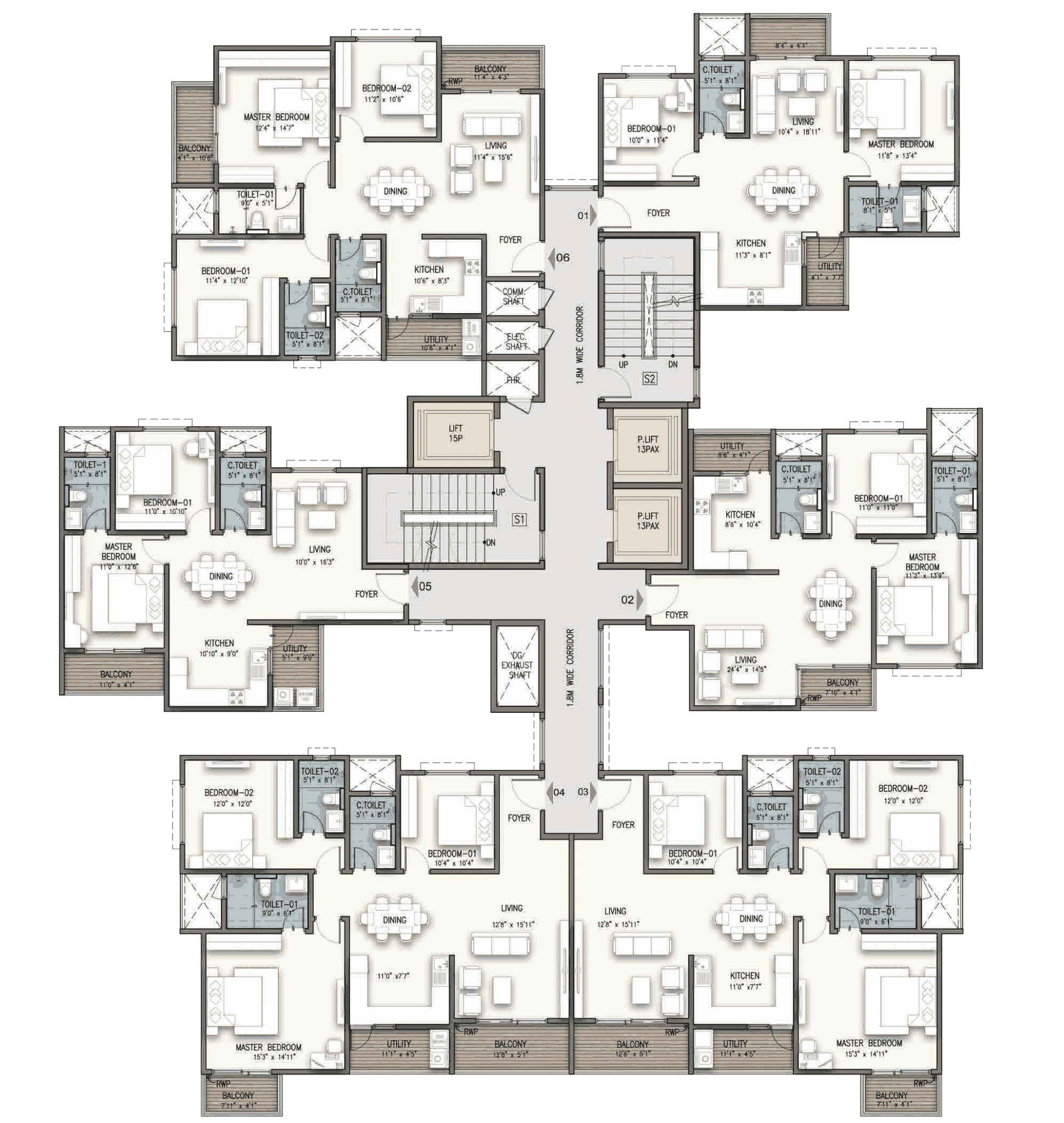 Typical floor plate for Towers 5, 6 and 7 at Mythri Springwoods